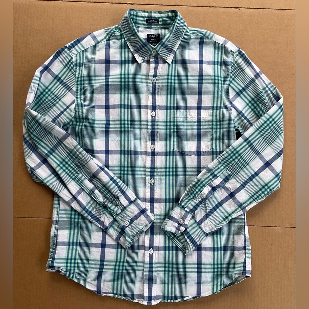 J. Crew Men’s Button Up Preppy Blokecore Slim Untucked Size Med Blue/green Plaid